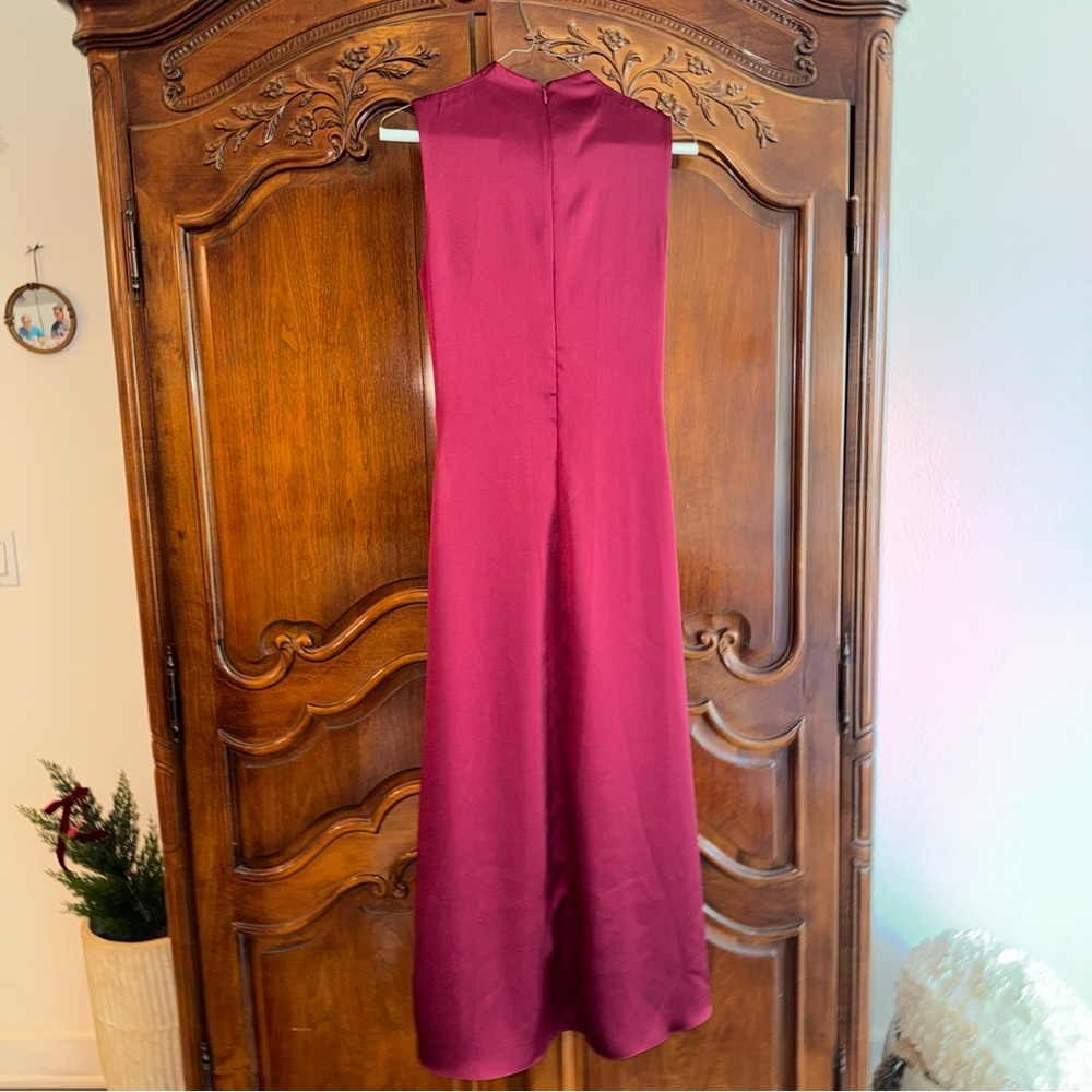 Sandro Ruched Satin Wine Red Midi Dress sleeveless - Picture 3 of 6